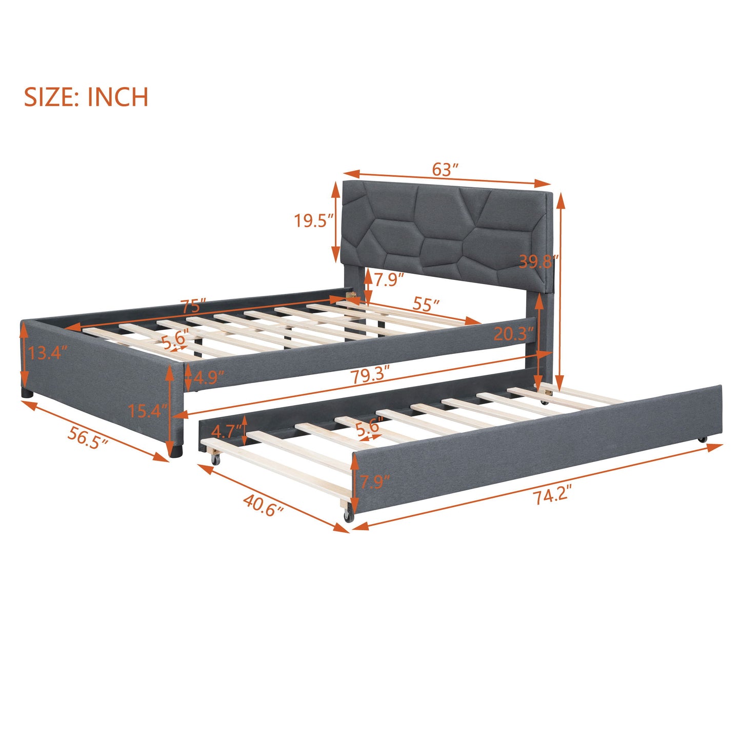 Upholstered Platform Bed With Brick Pattern Headboard And Twin Long Size Trundle - The Sleep Loft - Online Mattress Showroom NYC