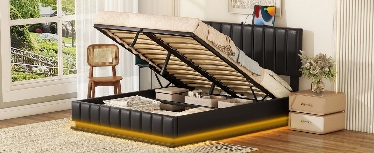 Upholstered Bed With Hydraulic Storage System And LED Light, With Sockets And USB Ports - The Sleep Loft - Online Mattress Showroom NYC
