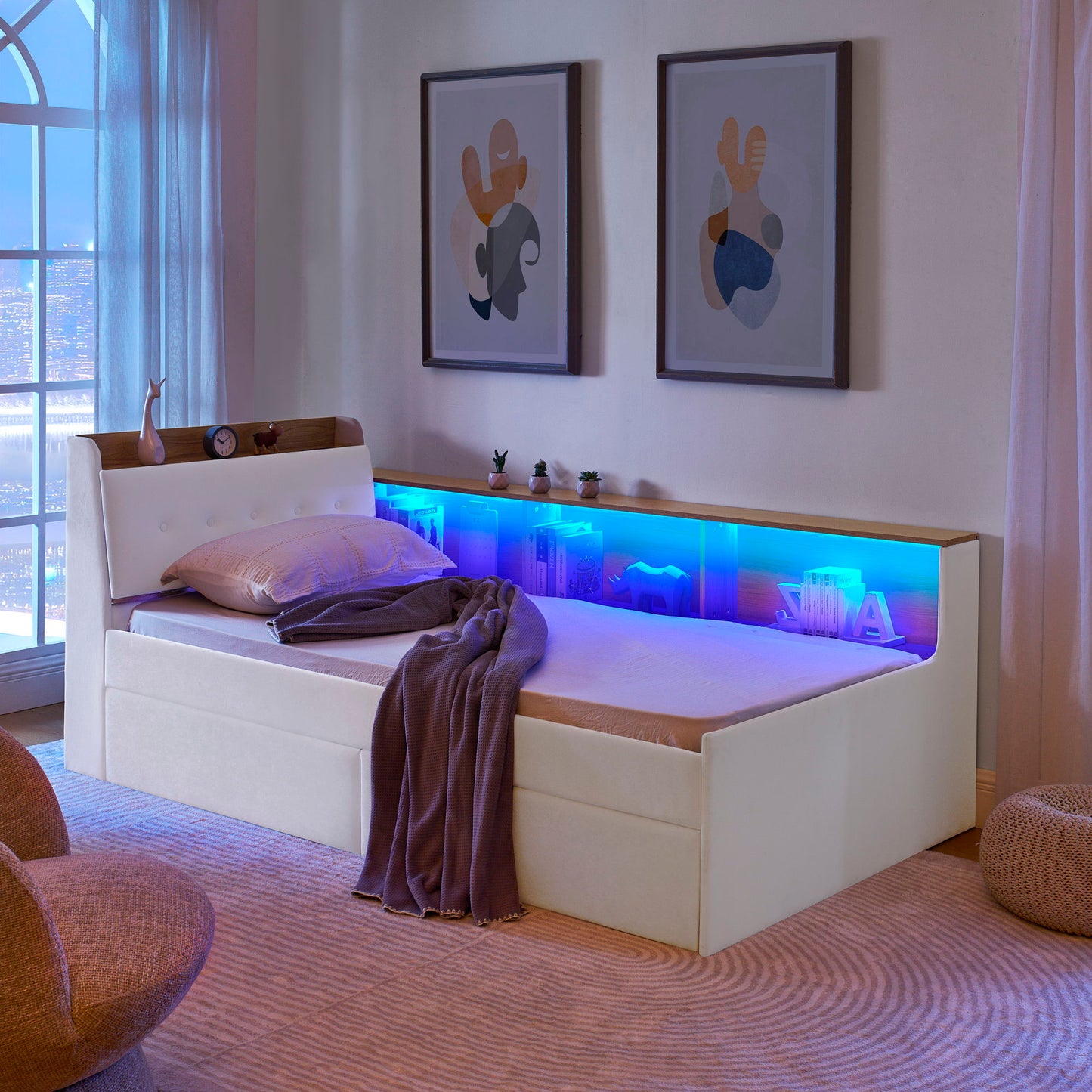 Upholstered Daybed With Storage Headboard, Wireless Charging, LED Lights - The Sleep Loft - Online Mattress Showroom NYC