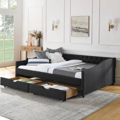 Upholstered Tufted Daybed With 2 Drawers, Waved Arms - The Sleep Loft - Online Mattress Showroom NYC