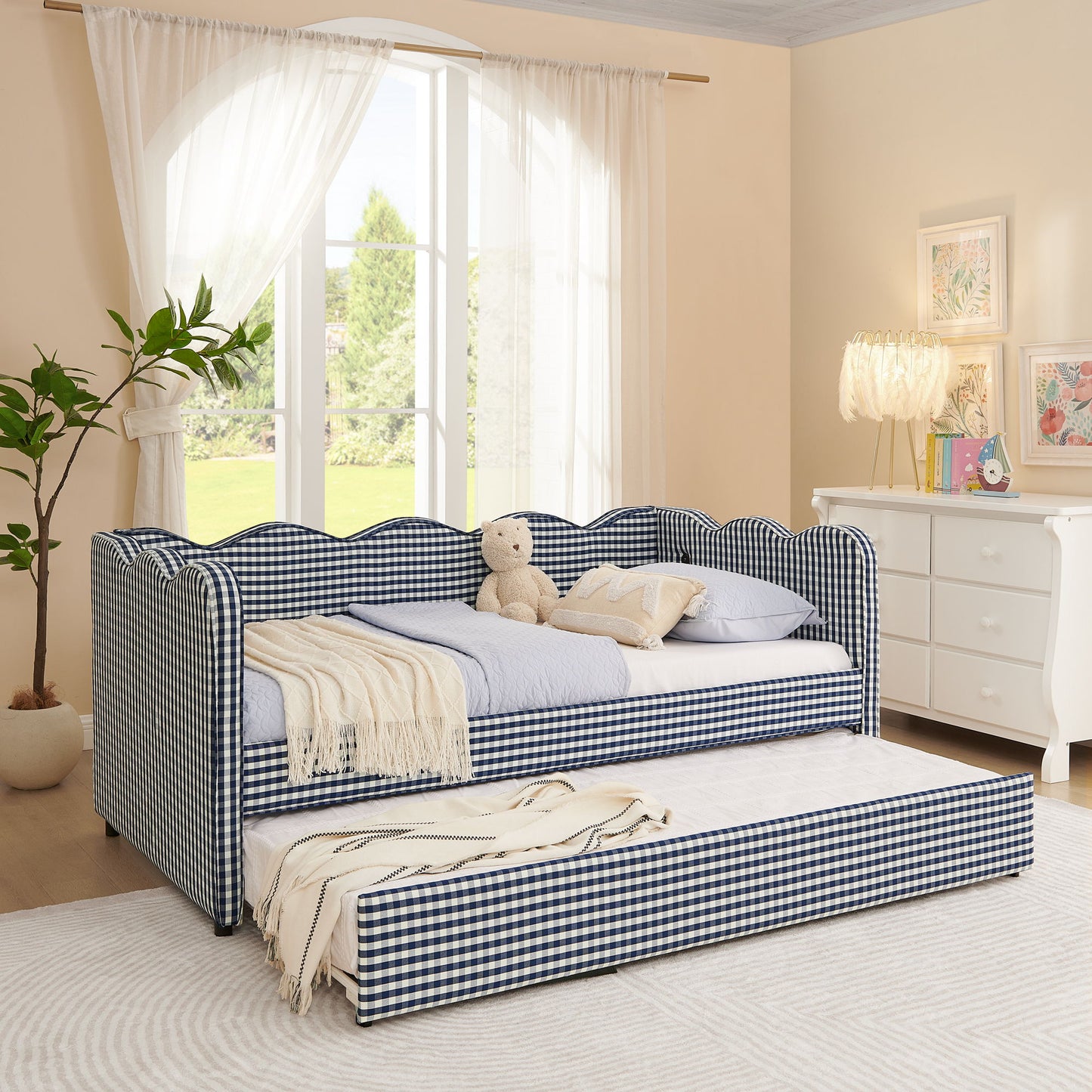 Gingham Daybed With USB Charging Port, Wave-Shaped Design - The Sleep Loft - Online Mattress Showroom NYC