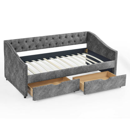 Upholstered Tufted Daybed With 2 Drawers, Waved Arms - The Sleep Loft - Online Mattress Showroom NYC
