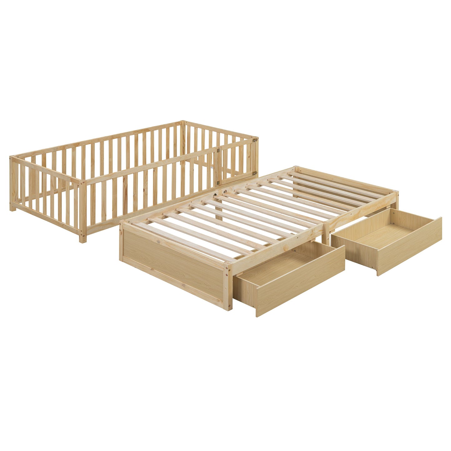 Daybed With Fence Guardrails And 2 Drawers, Split Into Independent Floor Bed & Daybed - The Sleep Loft - Online Mattress Showroom NYC