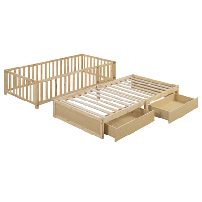 Daybed With Fence Guardrails And 2 Drawers, Split Into Independent Floor Bed & Daybed - The Sleep Loft - Online Mattress Showroom NYC