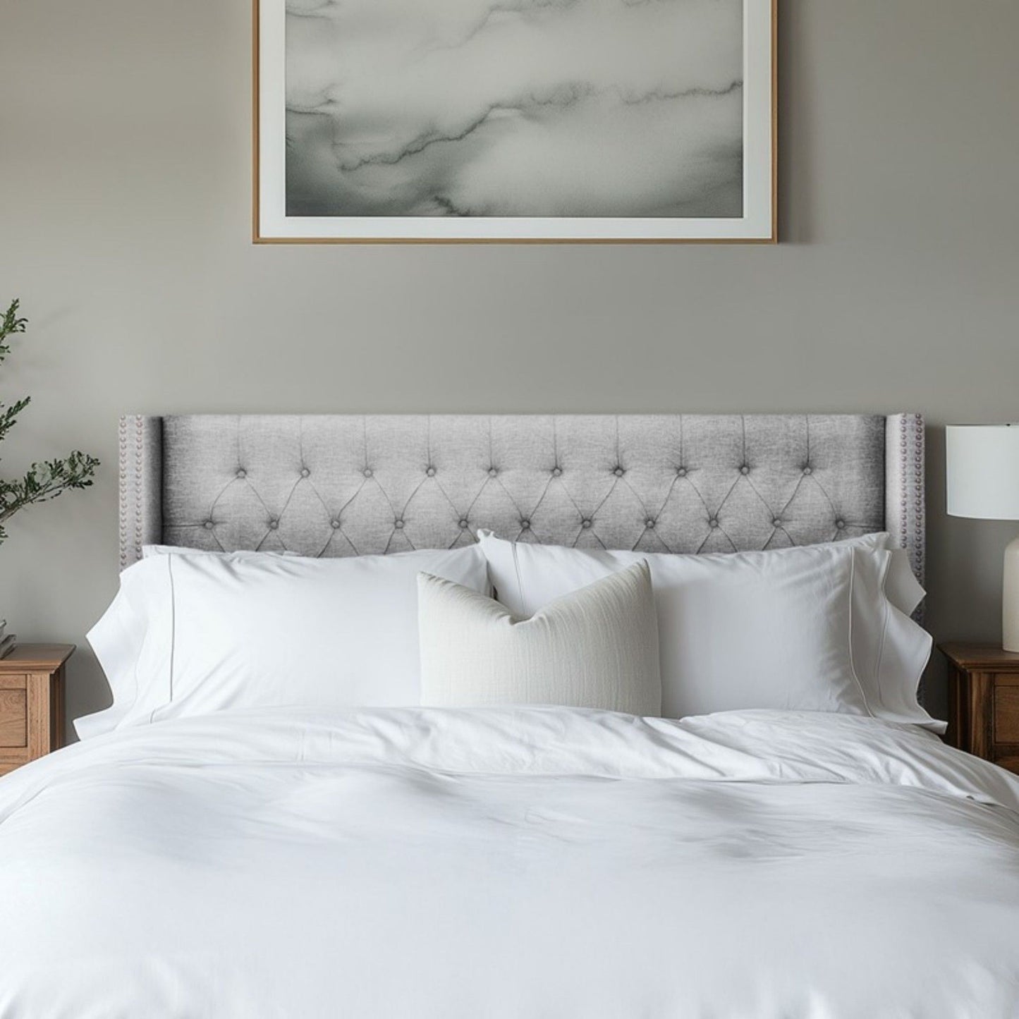 Transitional Upholstery Headboard With Tufted Buttons And Nailhead Trim - The Sleep Loft - Online Mattress Showroom NYC