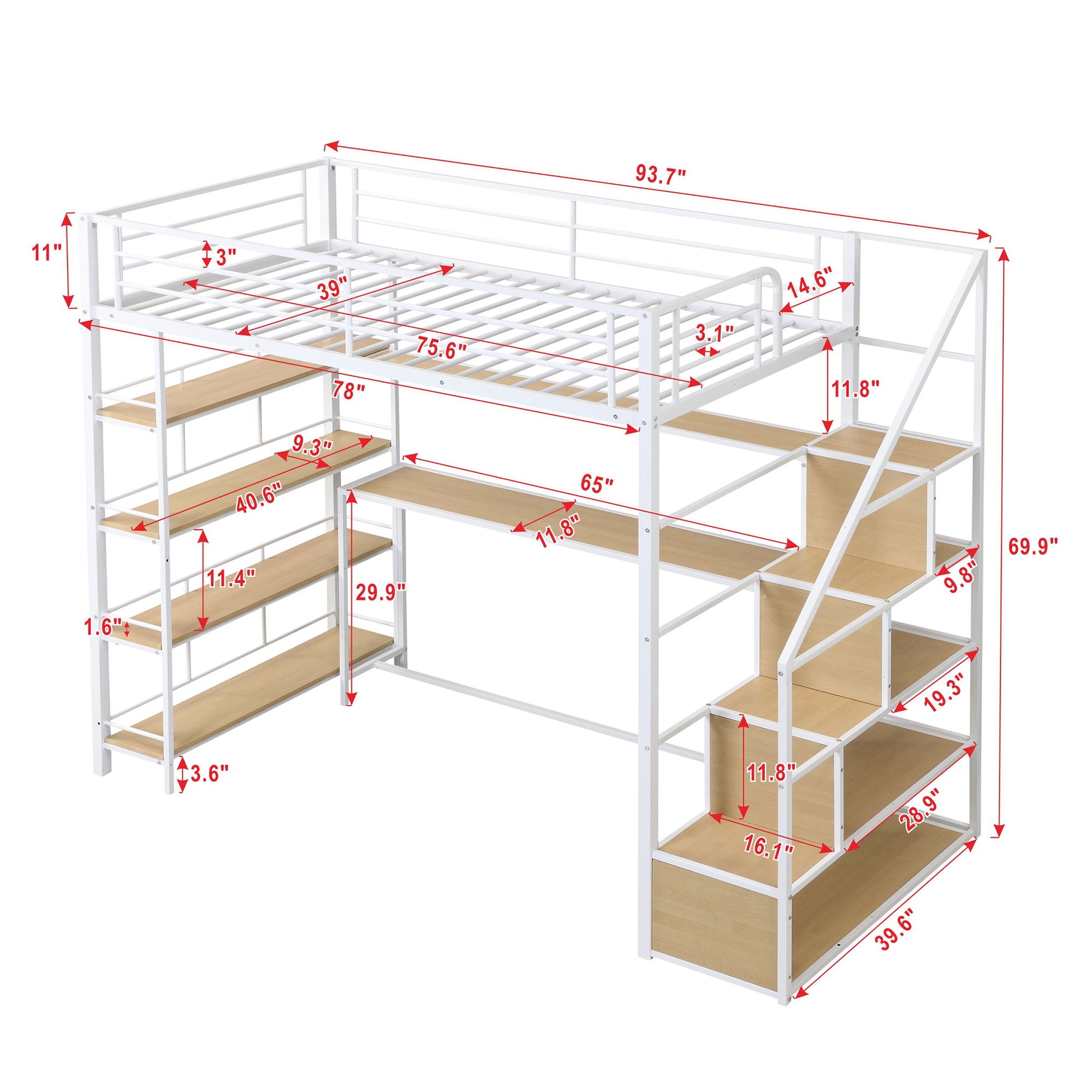 Twin Size Loft Bed With Built In Desk, Staircase Storage & 4 Tier Shelves - White - The Sleep Loft - Online Mattress Showroom NYC
