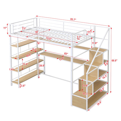 Twin Size Loft Bed With Built In Desk, Staircase Storage & 4 Tier Shelves - White - The Sleep Loft - Online Mattress Showroom NYC