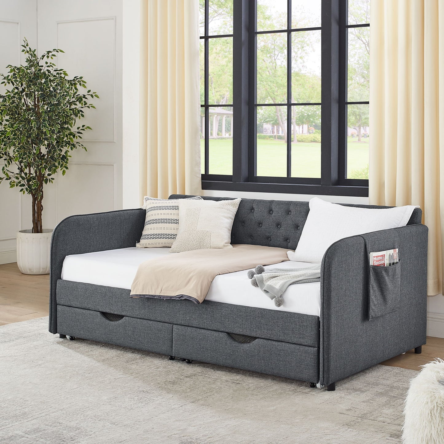Daybed With Trundle And Storage Drawers, Flat Arms With Pocket - The Sleep Loft - Online Mattress Showroom NYC