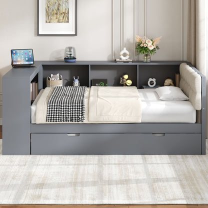 Upholstered Headboard Platform Bed With Storage Shelves, Trundle, Charging Station - The Sleep Loft - Online Mattress Showroom NYC