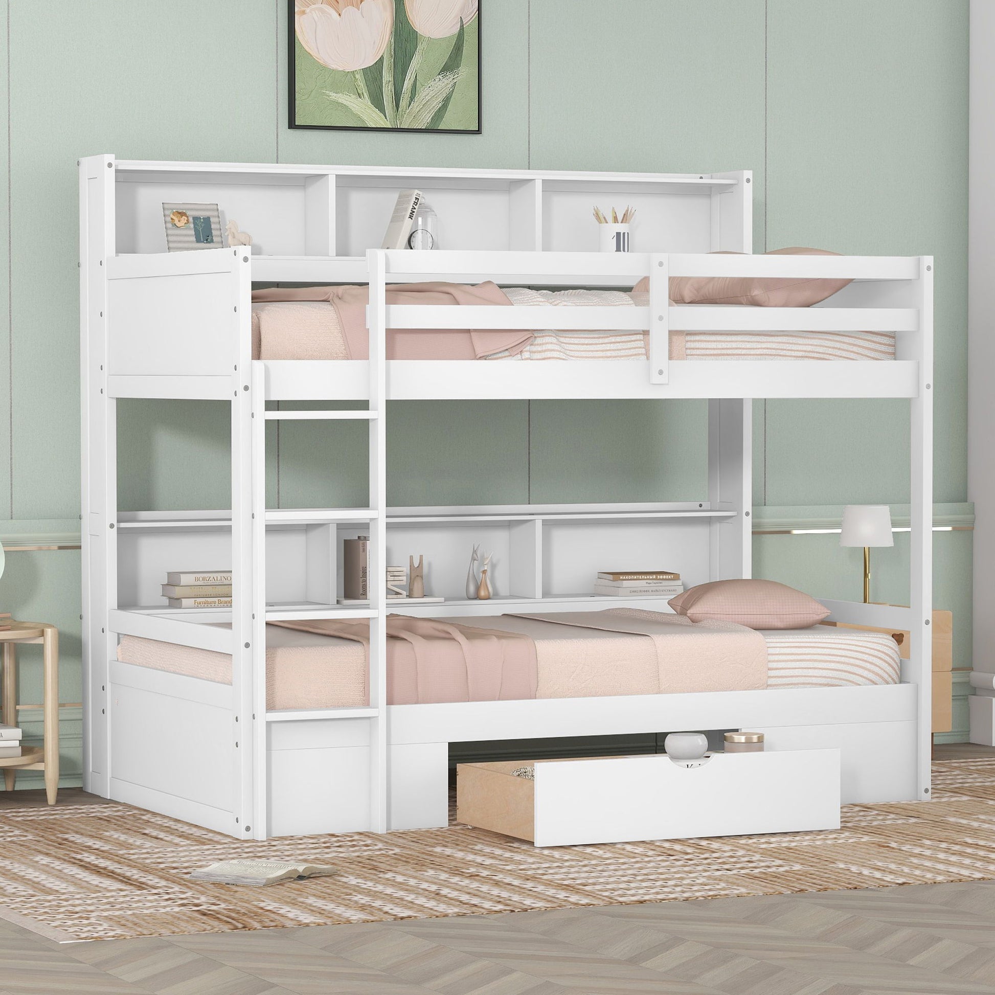 Twin Size Bunk Bed With Built-In Shelves Beside Both Upper And Down Bed And Storage Drawer - The Sleep Loft - Online Mattress Showroom NYC