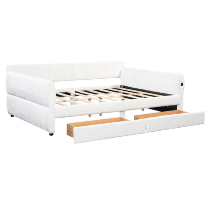 Queen Upholstered Platform Bed With USB Charging And 2 Storage Drawers - White
