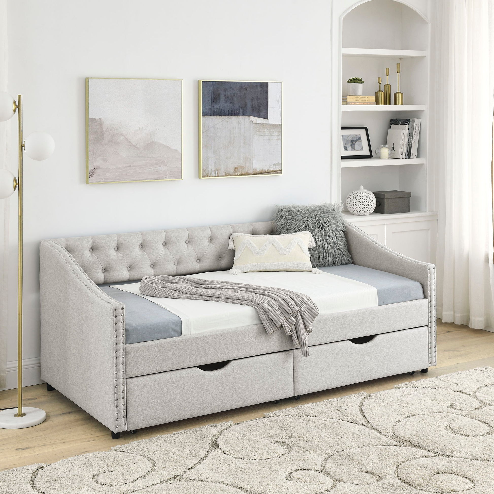 Upholstered Tufted Daybed With 2 Drawers, Waved Arms - The Sleep Loft - Online Mattress Showroom NYC