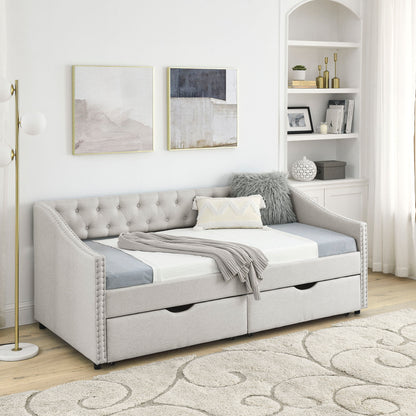 Upholstered Tufted Daybed With 2 Drawers, Waved Arms - The Sleep Loft - Online Mattress Showroom NYC
