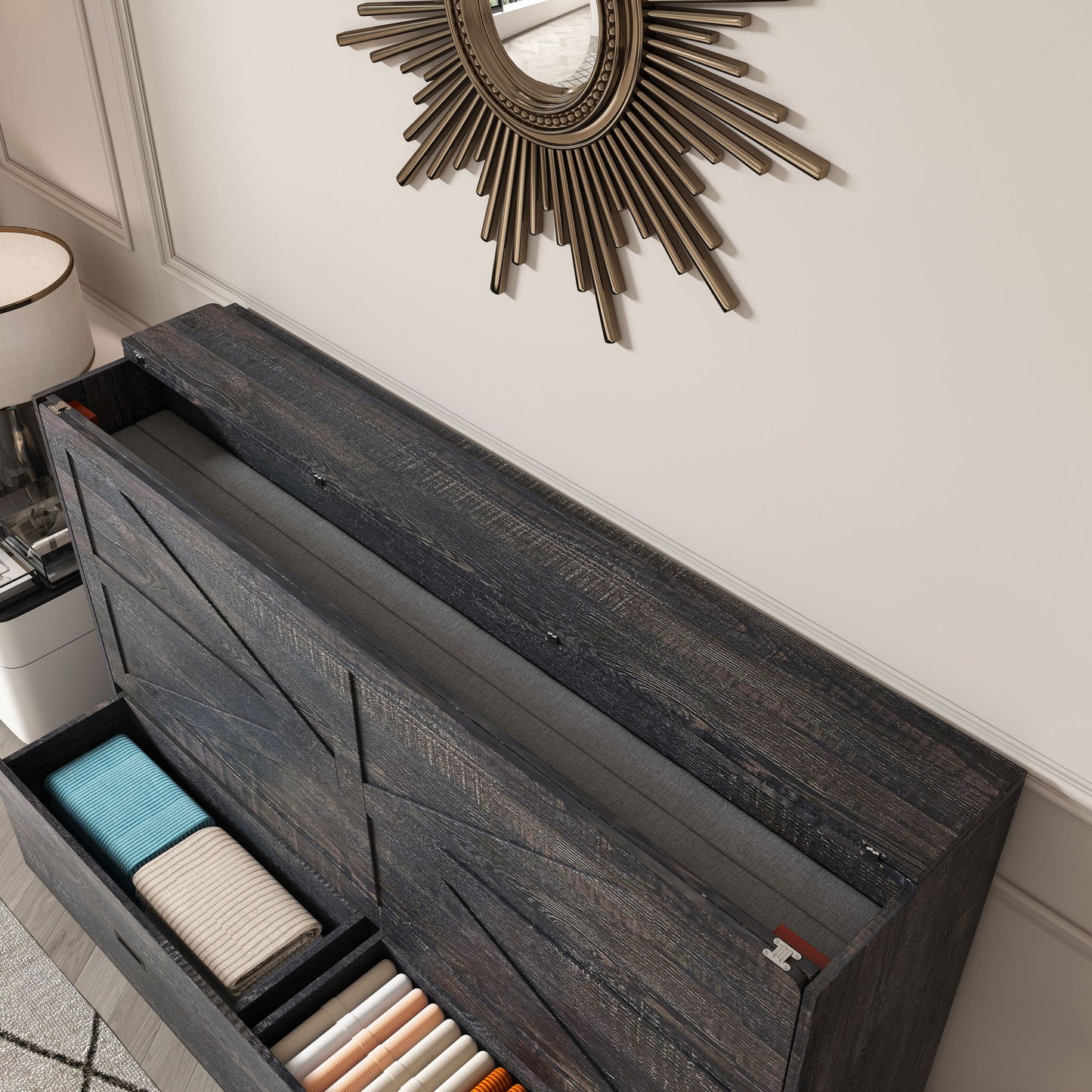 Full Murphy Bed With Storage Drawers, Charging Station, Foldable Panels, And Silent Swivel Wheels