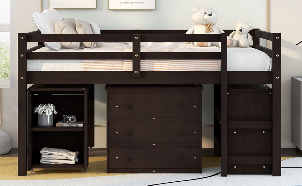 Loft Low Study Bed With Cabinet, Shelves And Rolling Portable Desk, Multiple Functions - The Sleep Loft - Online Mattress Showroom NYC