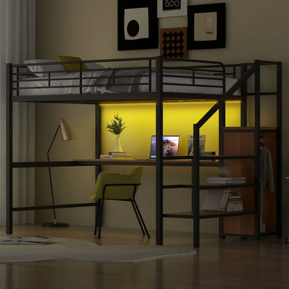 Loft Bed With Desk, Storage Staircase, Small Wardrobe And LED Light - The Sleep Loft - Online Mattress Showroom NYC