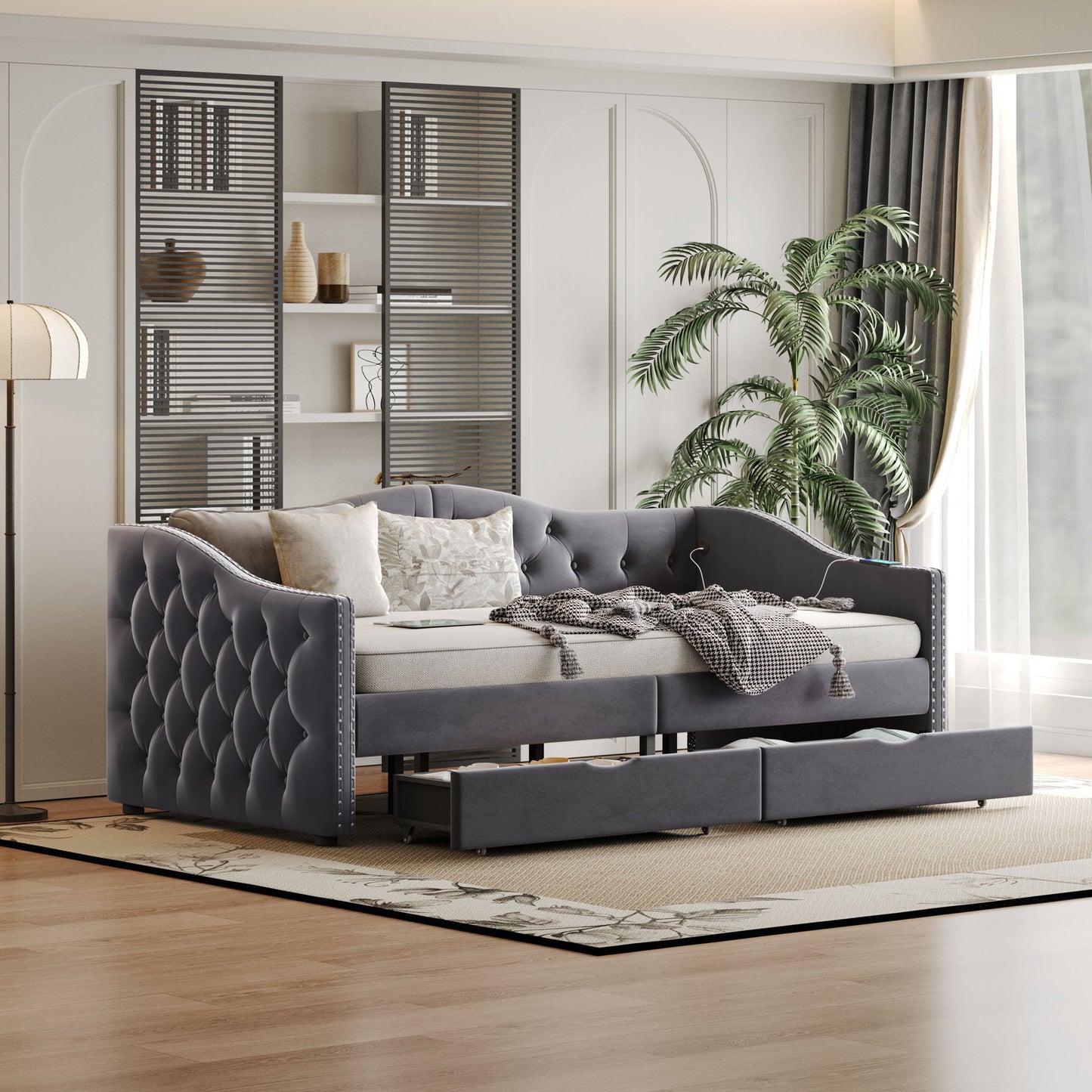 Full Size Bed Frame, Upholstered Cloud Bed Frame With Headboard, 2 Storage Drawers And 2 USB Charging Design, No Box Spring Needed - Gray - The Sleep Loft - Online Mattress Showroom NYC