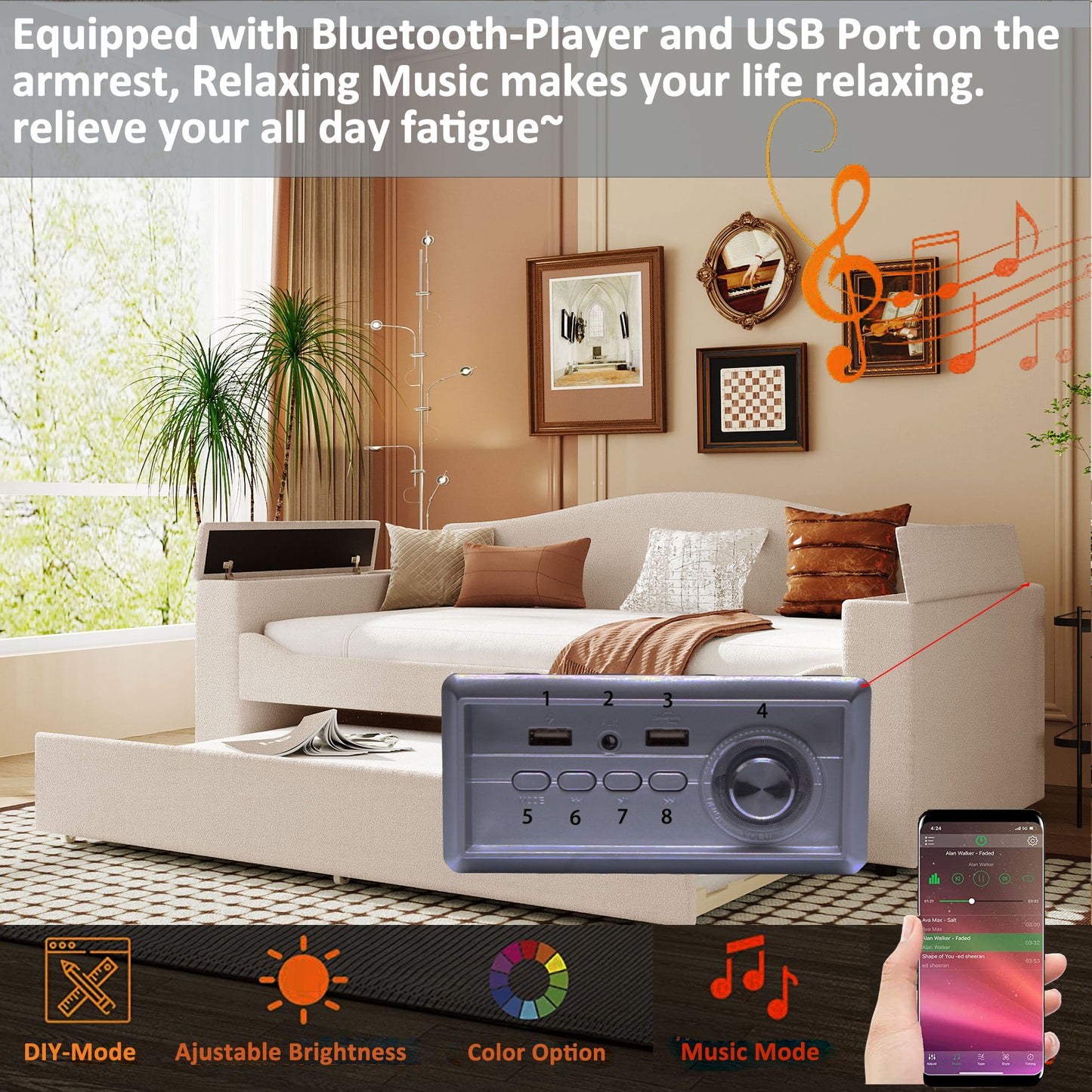 Upholstered Daybed With Storage Armrests, Trundle And Latest Integrated tooth Audio System - The Sleep Loft - Online Mattress Showroom NYC