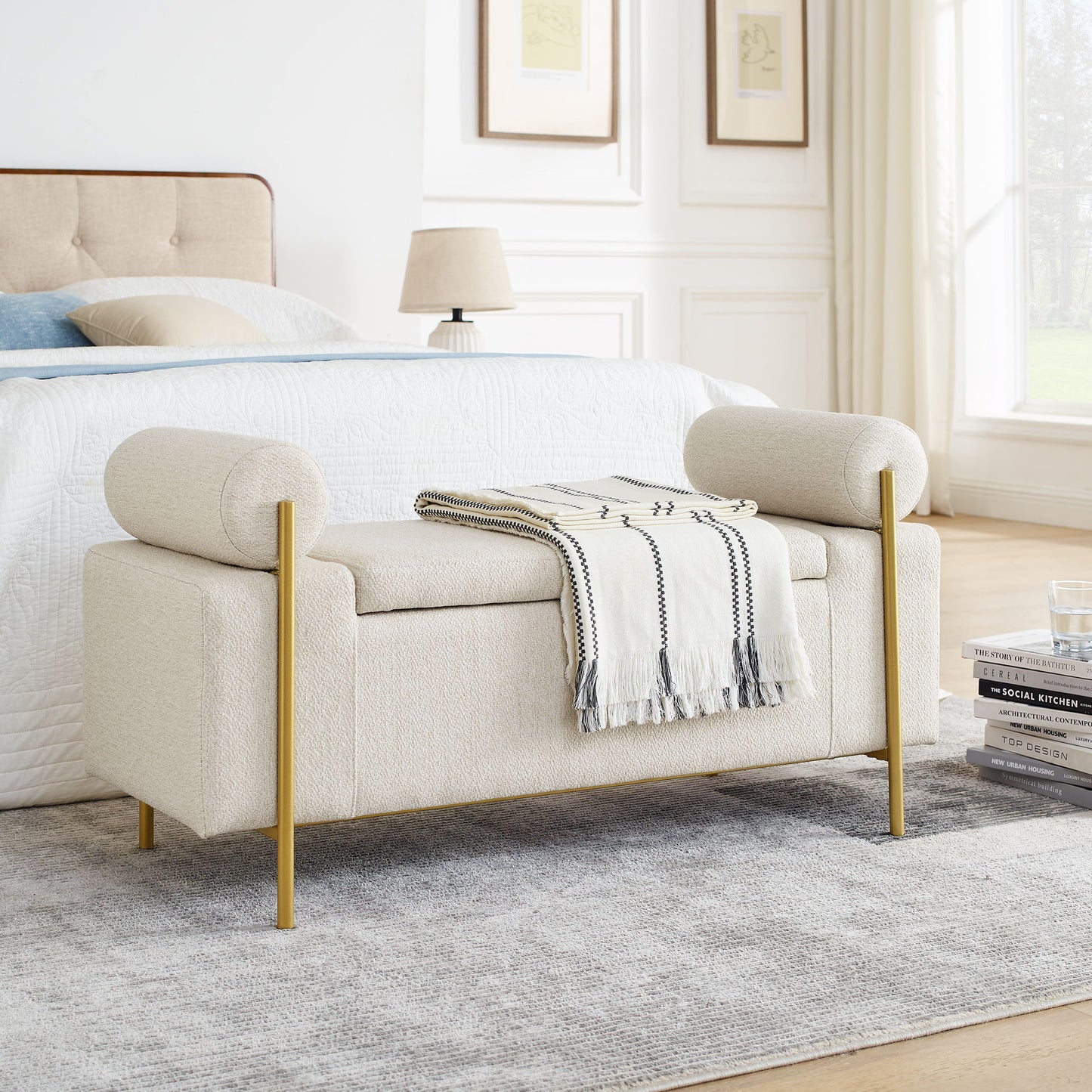 Elegant Upholstered Storage Bench With Cylindrical Arms And Iron Legs, - The Sleep Loft - Online Mattress Showroom NYC