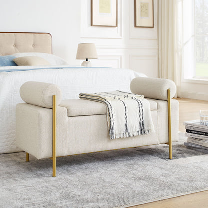 Elegant Upholstered Storage Bench With Cylindrical Arms And Iron Legs, - The Sleep Loft - Online Mattress Showroom NYC