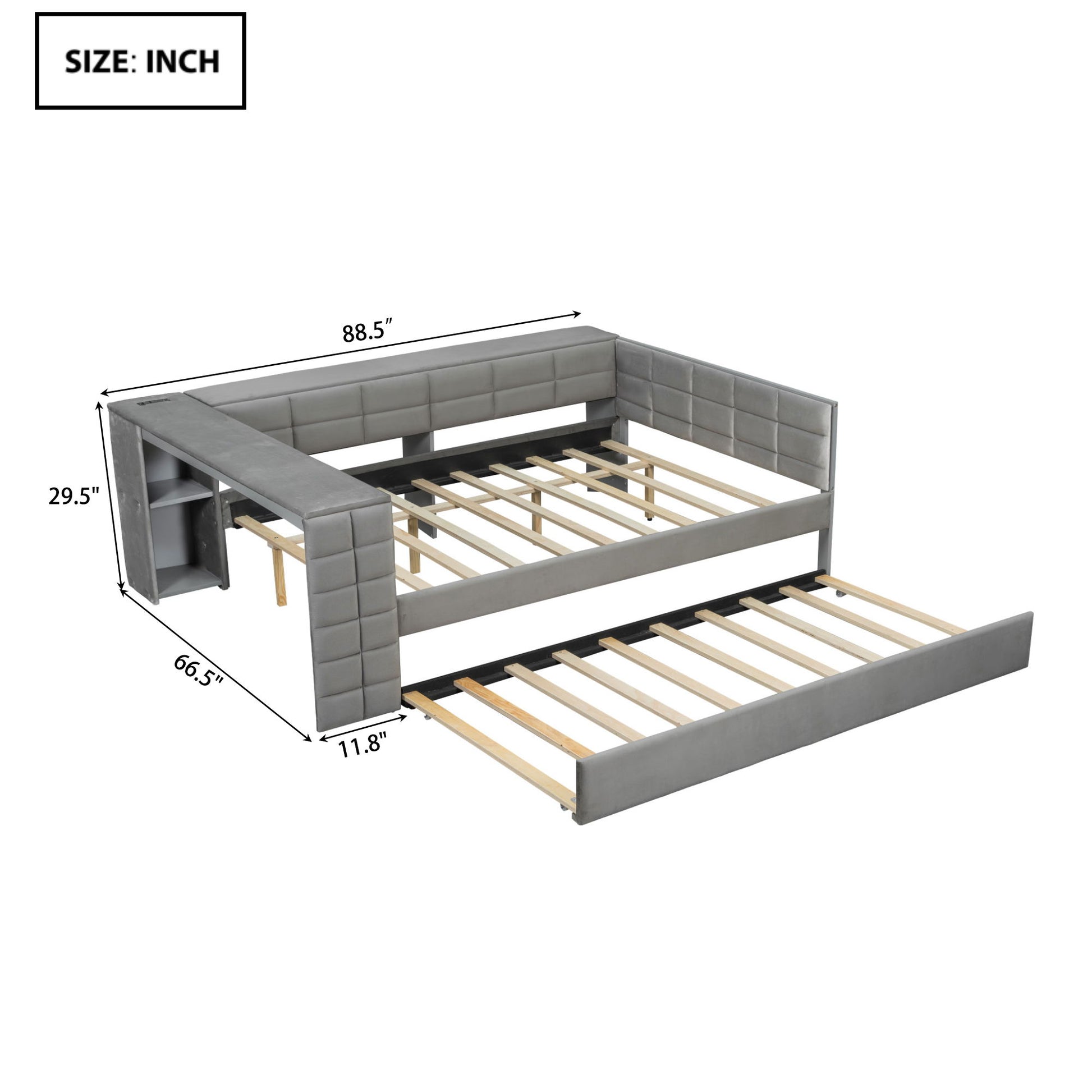 Upholstered Platform Bed With Storage Shelves, Desk, Charging Station And Trundle - The Sleep Loft - Online Mattress Showroom NYC