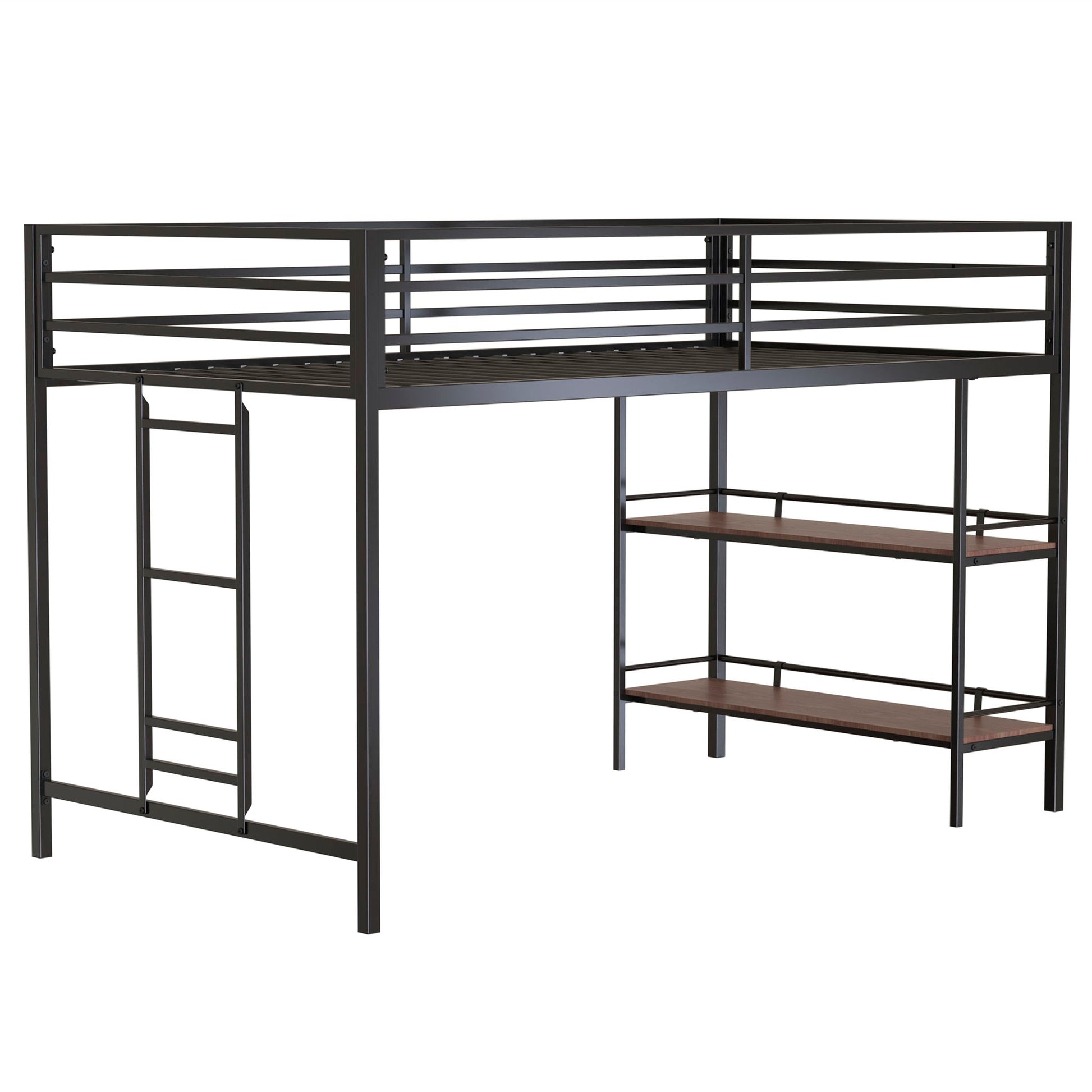 Adam - Twin Loft Bunk Bed With Cinnamon Wood Shelf - Black - The Sleep Loft - Online Mattress Showroom NYC