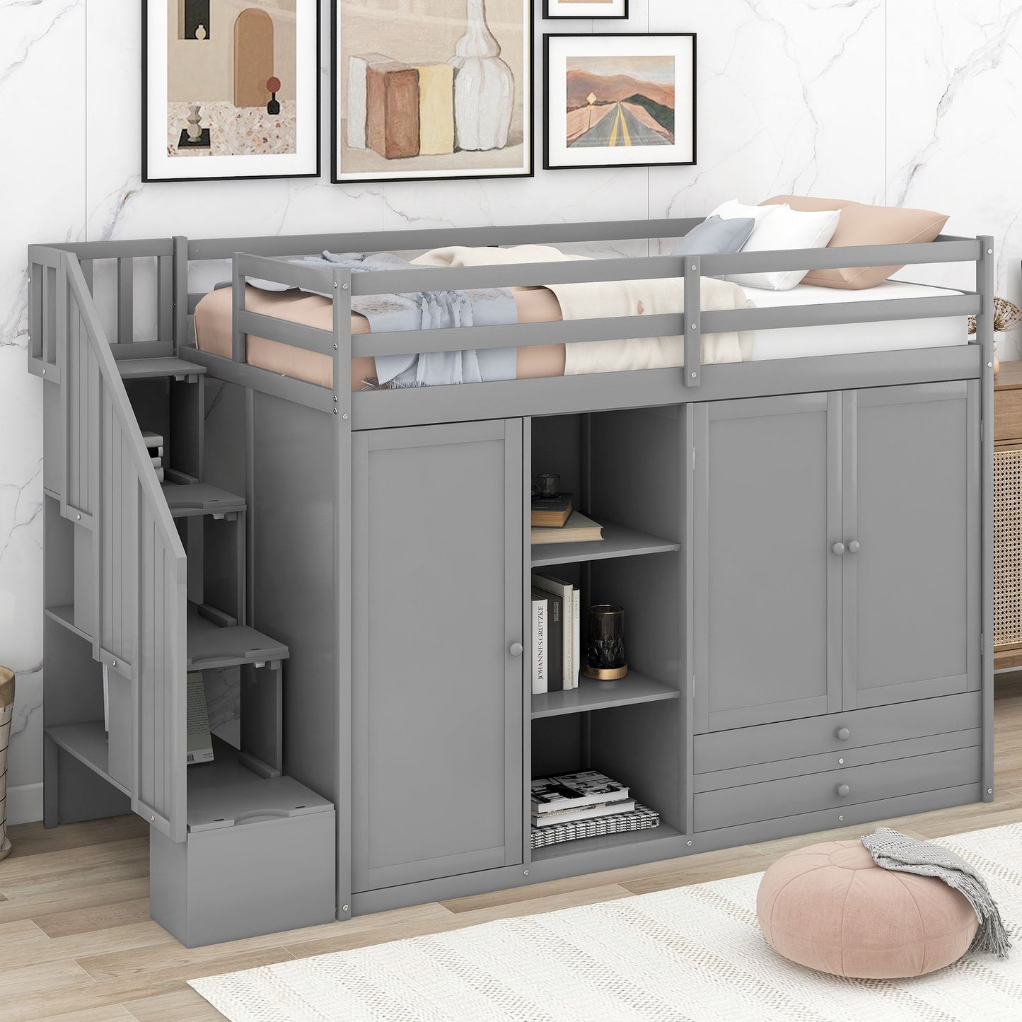 Loft Bed With 3 Shelves, 2 Wardrobes, 2 Drawers, Ladder Storage - The Sleep Loft - Online Mattress Showroom NYC
