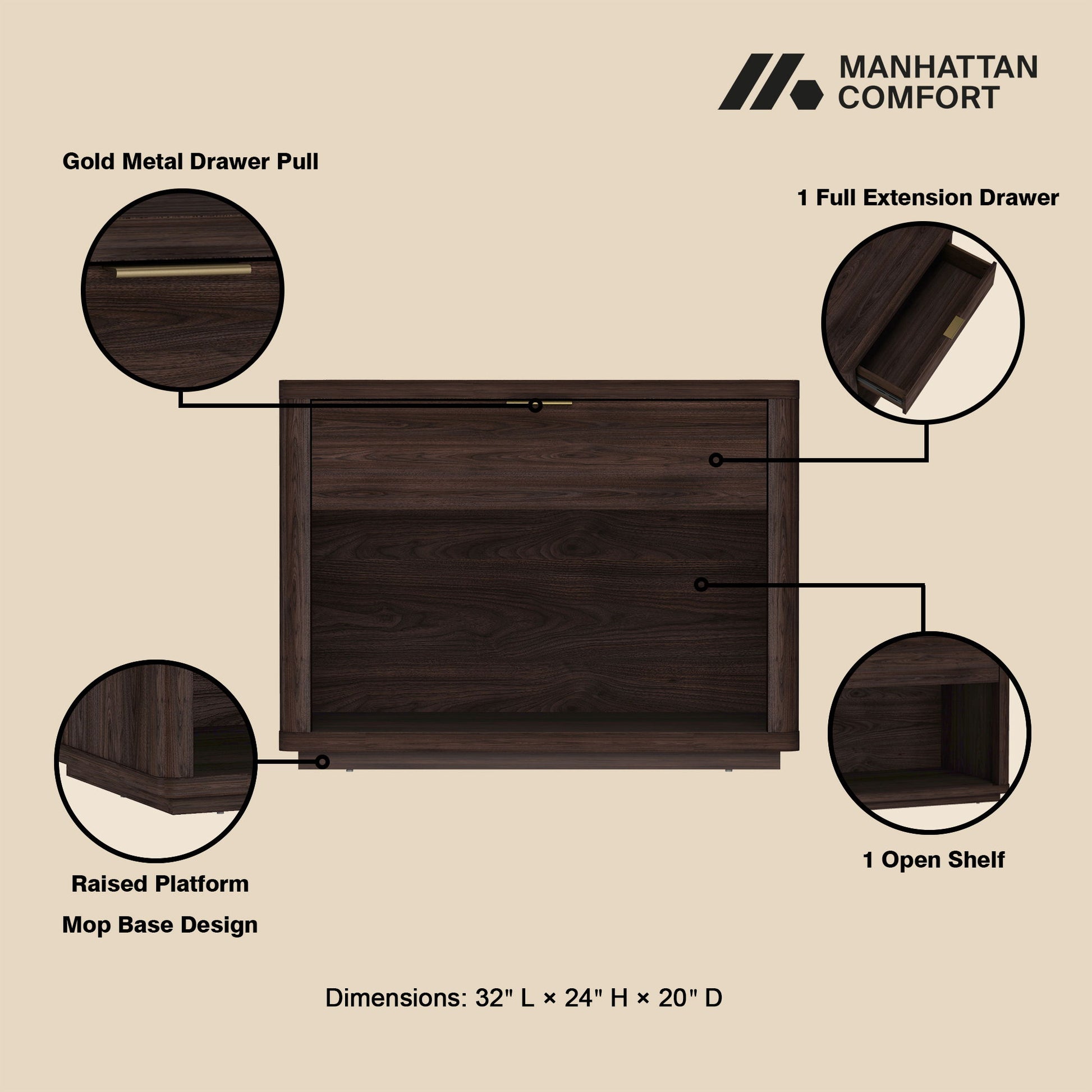 Evelyn - Nightstand With 1 Drawer And Open Shelf - The Sleep Loft - Online Mattress Showroom NYC