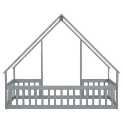 Wood House-Shaped Floor Bed With Fence, Guardrails - The Sleep Loft - Online Mattress Showroom NYC