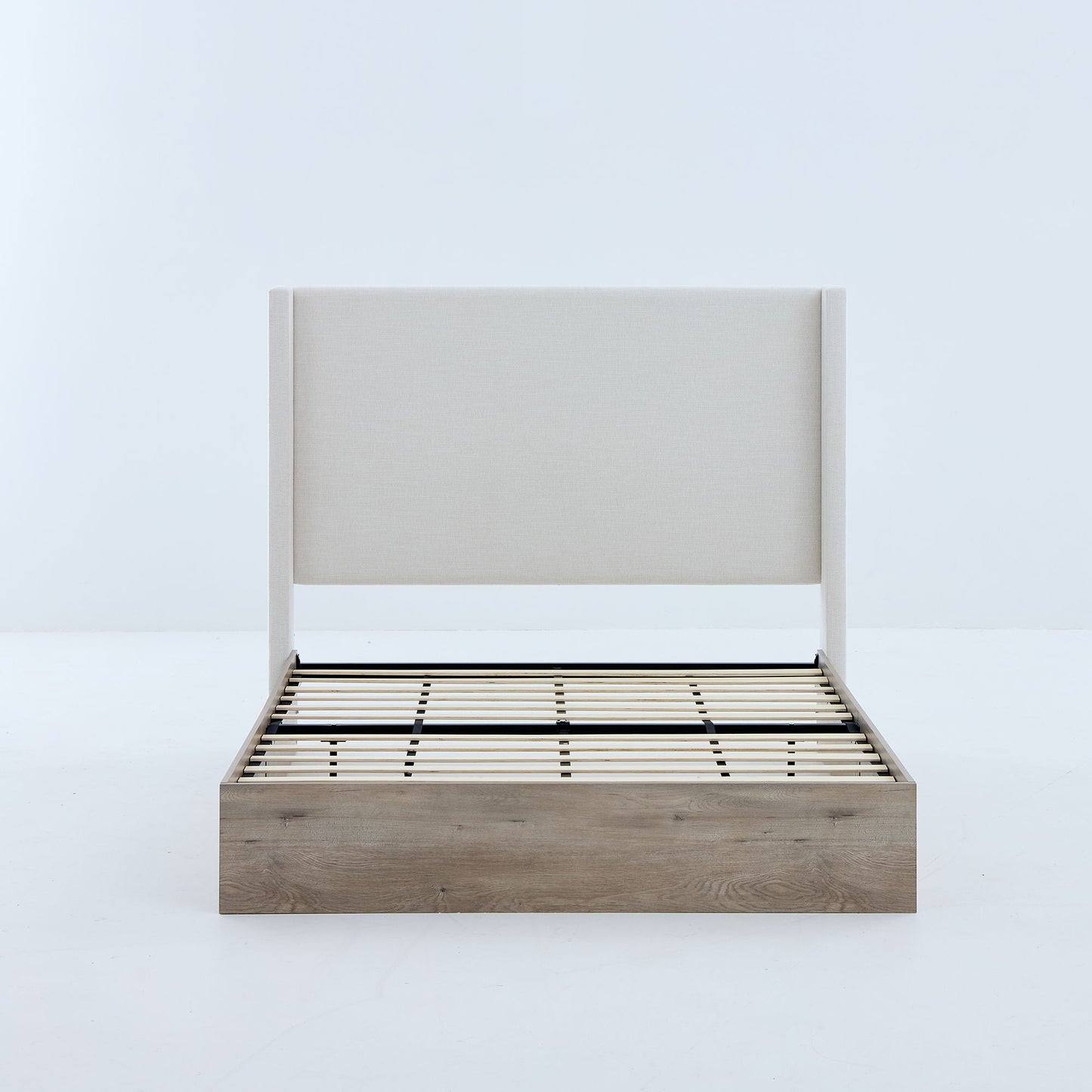 Shelton - Queen Upholstered Wingback Bed With 54" High Headboard - Ivory / Light Gray / Camel Oak - The Sleep Loft - Online Mattress Showroom NYC