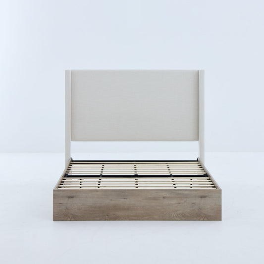 Shelton - Queen Upholstered Wingback Bed With 54" High Headboard - Ivory / Light Gray / Camel Oak - The Sleep Loft - Online Mattress Showroom NYC