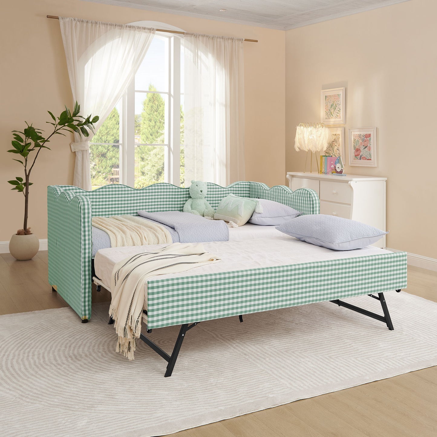 Gingham Daybed With USB Charging Port, Wave Shaped Design - The Sleep Loft - Online Mattress Showroom NYC