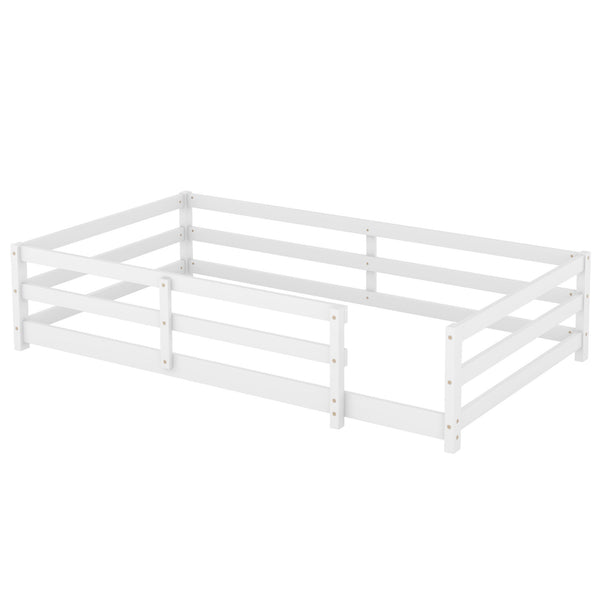 Twin Size Montessori Floor Bed With Fence - White