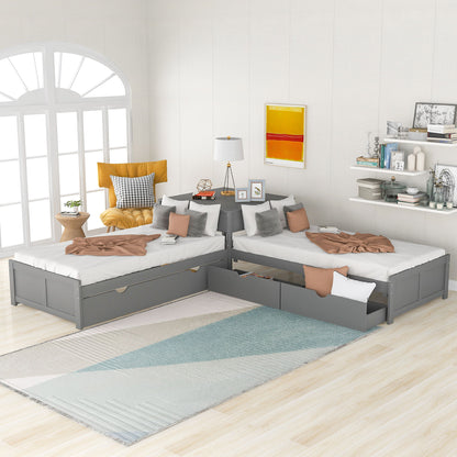 L Shaped Platform Bed With Trundle And Drawers Linked With Built In Desk - The Sleep Loft - Online Mattress Showroom NYC