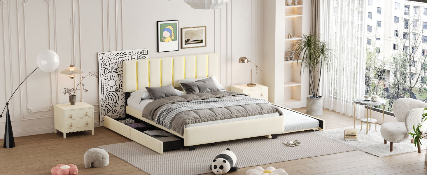 Upholstered Platform Bed With 2 Drawers And 1 Trundle, Classic Strip Headboard Design - The Sleep Loft - Online Mattress Showroom NYC