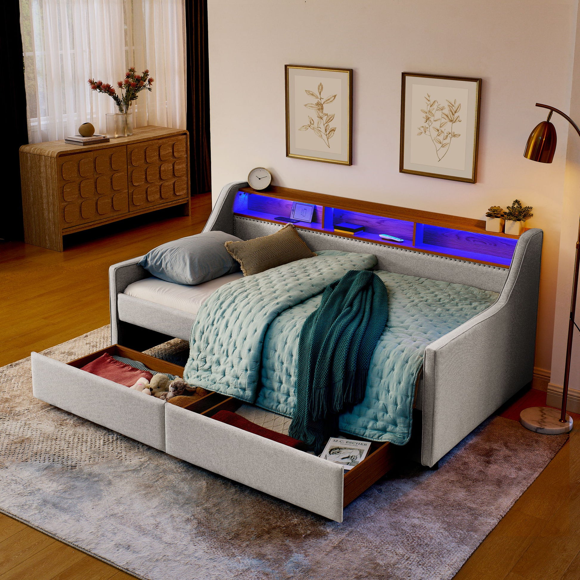 Twin Upholstered Sofa Bed With LED Lights, Storage Drawers, Adjustable Headboard & Wireless Charging - Beige - The Sleep Loft - Online Mattress Showroom NYC