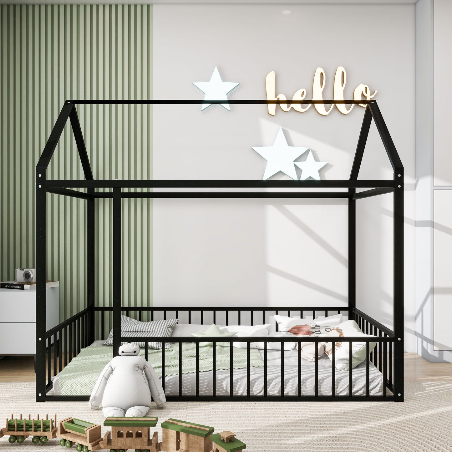 Metal Bed House Bed Frame With Fence - The Sleep Loft - Online Mattress Showroom NYC