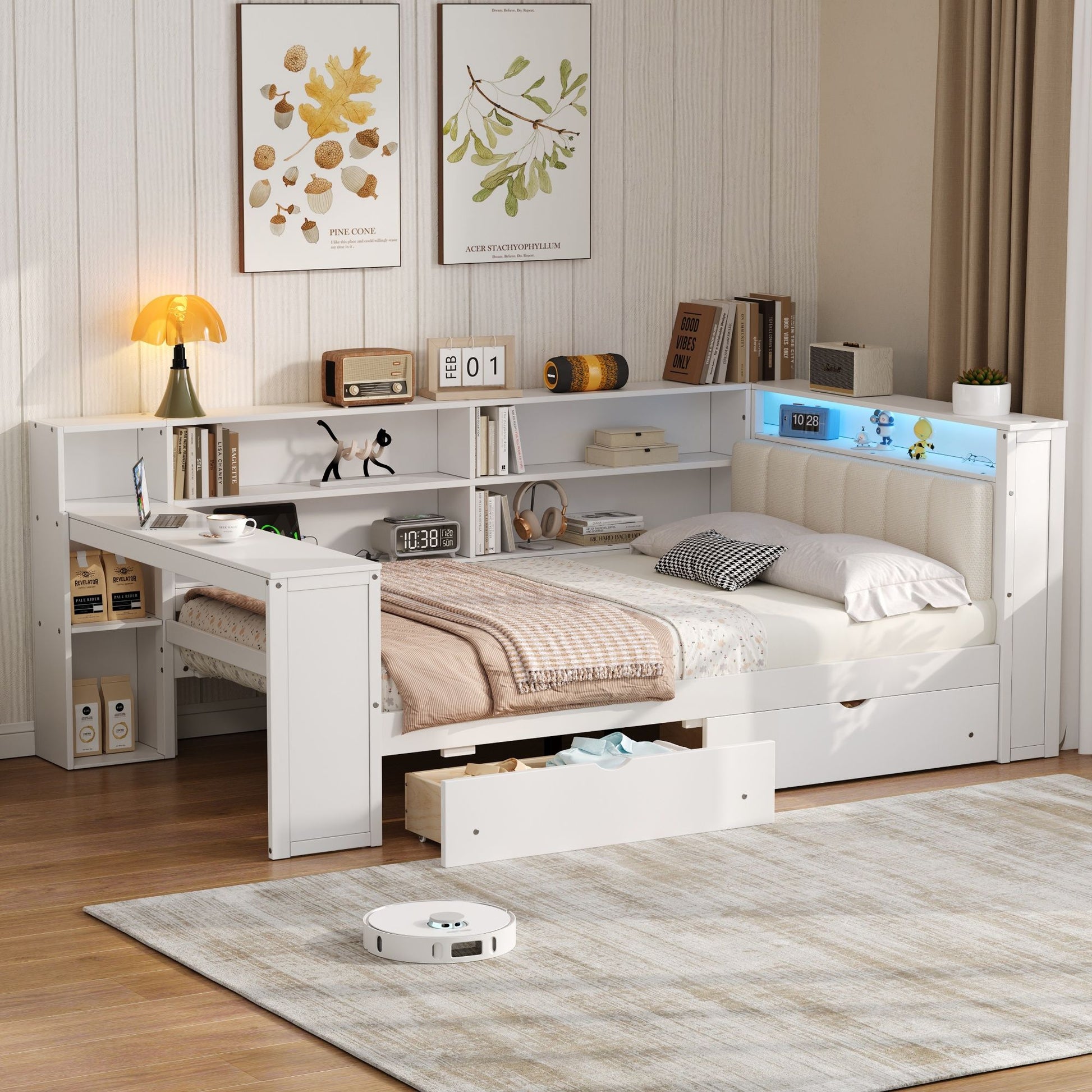 Platform Bed With Storage Shelves, Drawers, Charging Station, LED, Desk - The Sleep Loft - Online Mattress Showroom NYC