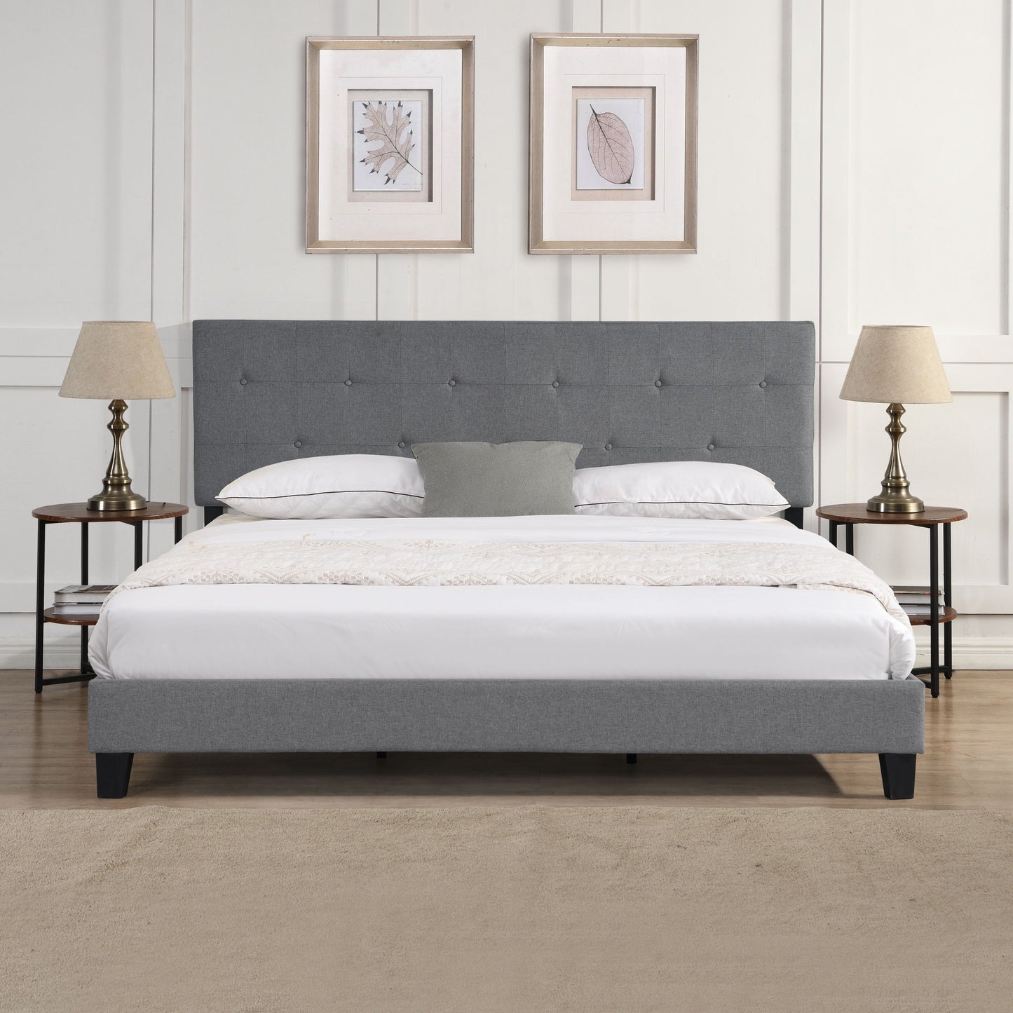 King Size Upholstered Platform Bed Frame With Button Tufted Fabric Headboard, No Box Spring Needed, Wood Slat Support