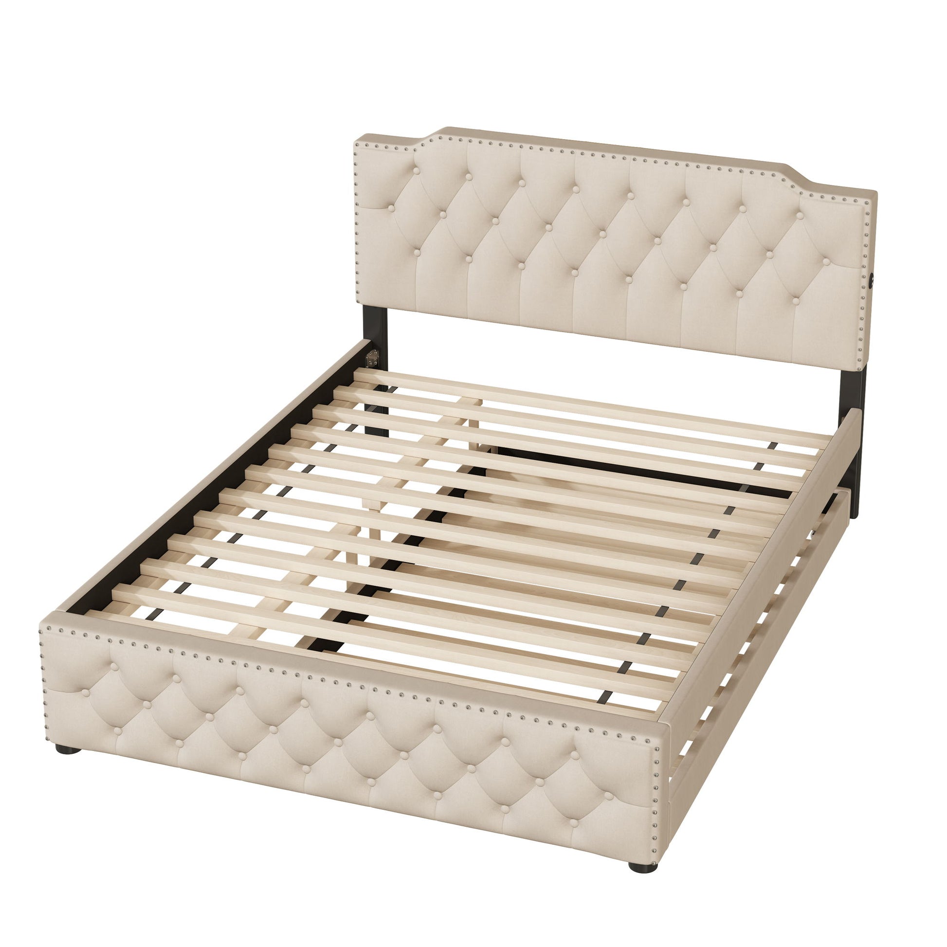 Upholstered Platform Bed With Trundle And 2 Sets Of USB Ports On Each Side, Linen Fabric - The Sleep Loft - Online Mattress Showroom NYC