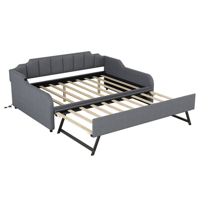 Full Size Upholstered Daybed With Trundle And USB Charging - Gray - The Sleep Loft - Online Mattress Showroom NYC