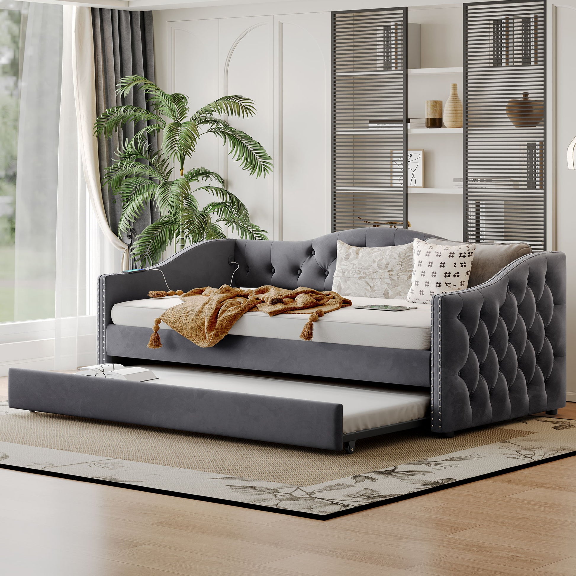 Twin Size Upholstered Daybed With Trundle And USB Charging Design For Bedroom - Gray - The Sleep Loft - Online Mattress Showroom NYC