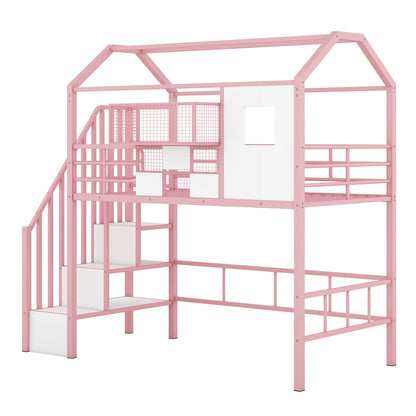 Metal Loft Bed With Roof Design And Storage Box With Guardrails And Integrated Ladder - The Sleep Loft - Online Mattress Showroom NYC