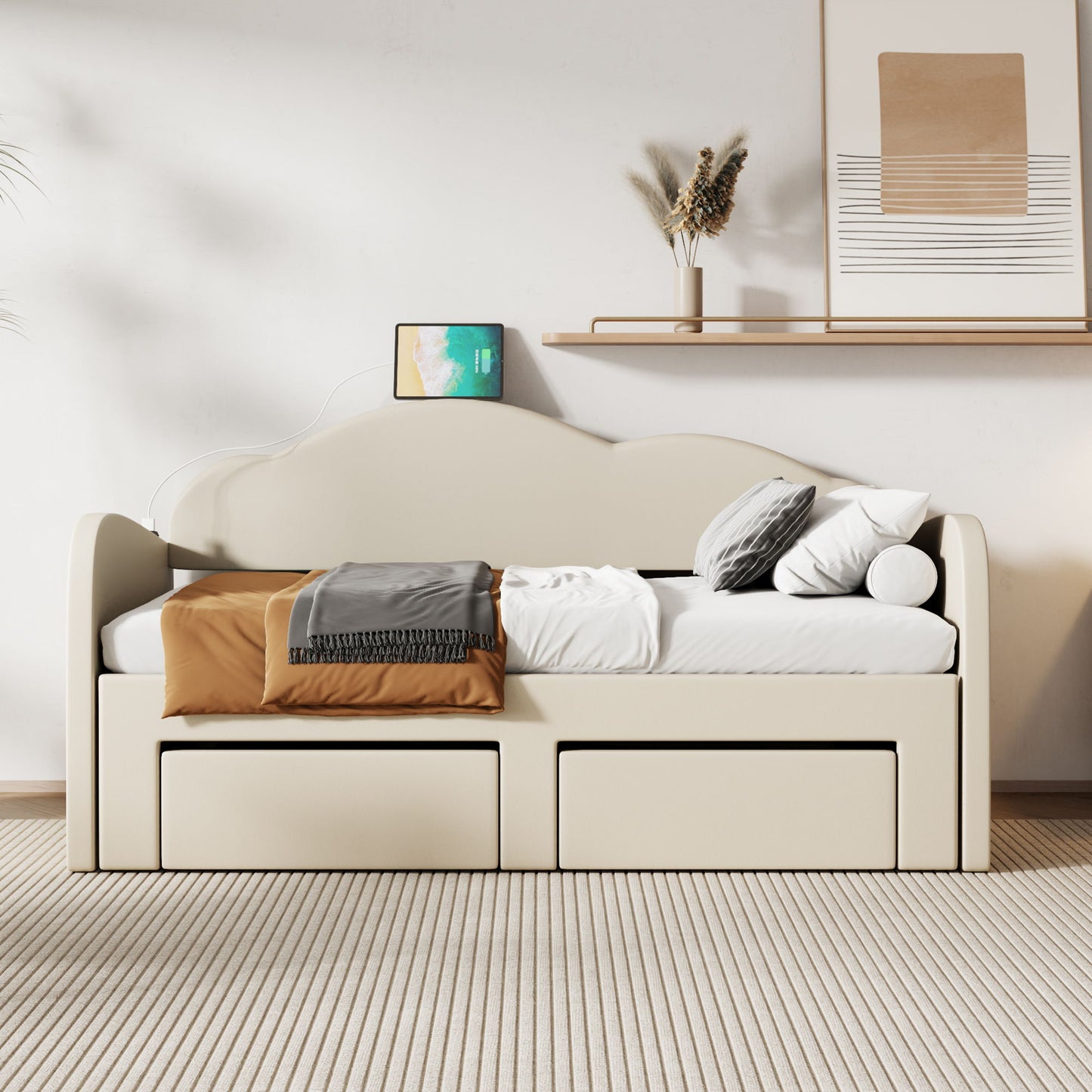 Upholstered Daybed With Cloud-Shaped Backrest, Trundle & 2 Drawers And USB Ports - The Sleep Loft - Online Mattress Showroom NYC