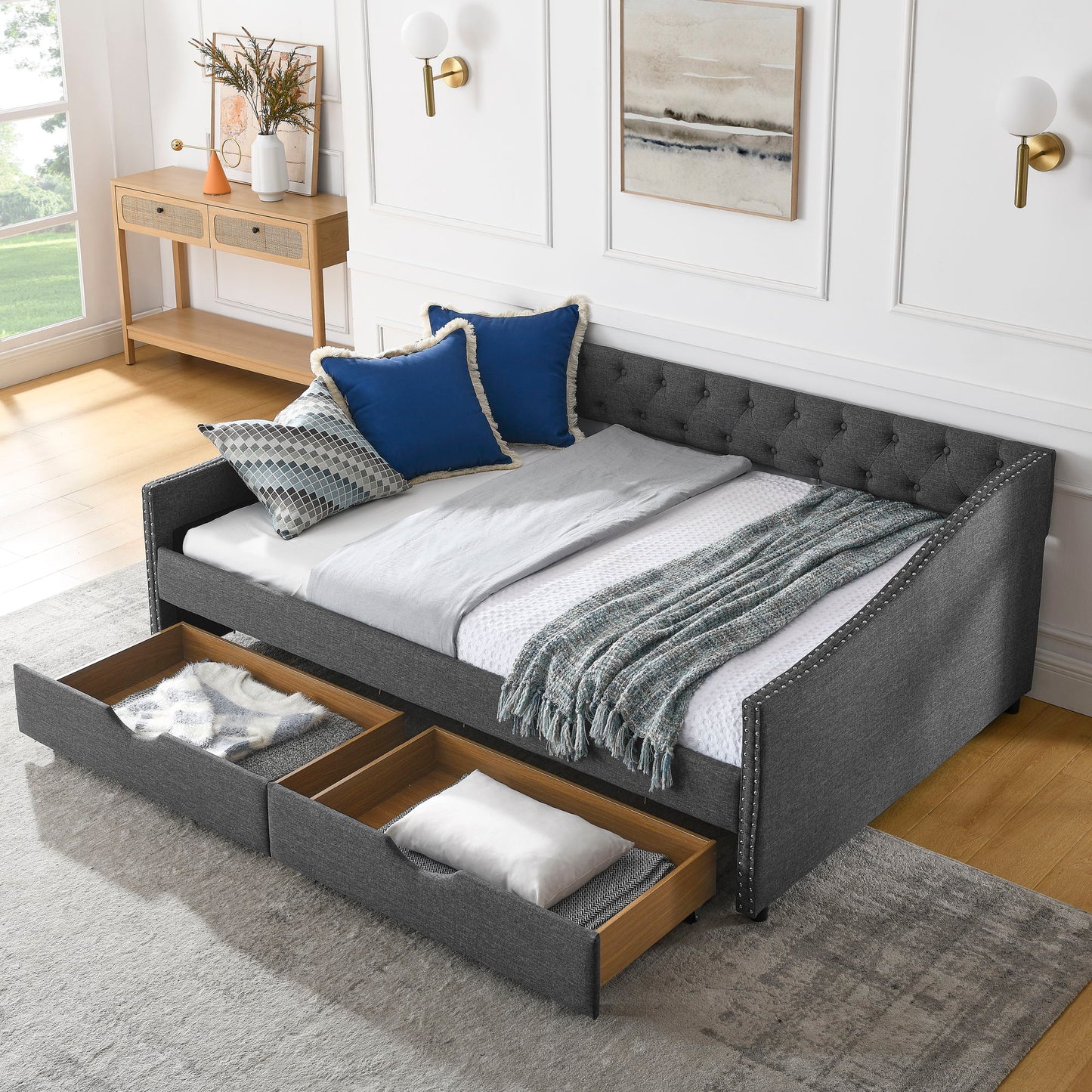 Upholstered Tufted Daybed With 2 Drawers, Waved Arms - The Sleep Loft - Online Mattress Showroom NYC