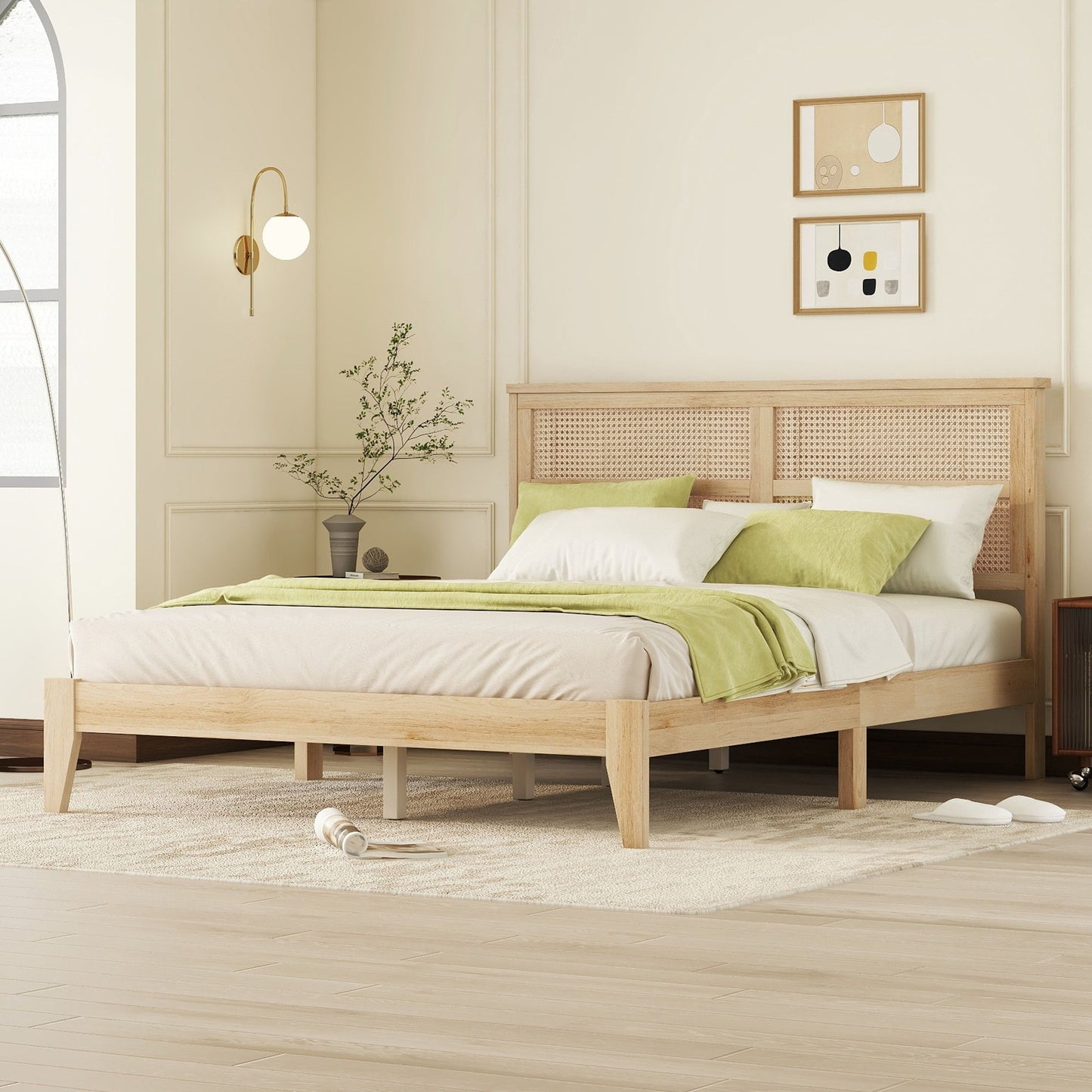 Queen Size Rubber Wooden, Solid Wooden Bed With Rattan Headboard, Enhanced By Support Feet - Natural - The Sleep Loft - Online Mattress Showroom NYC