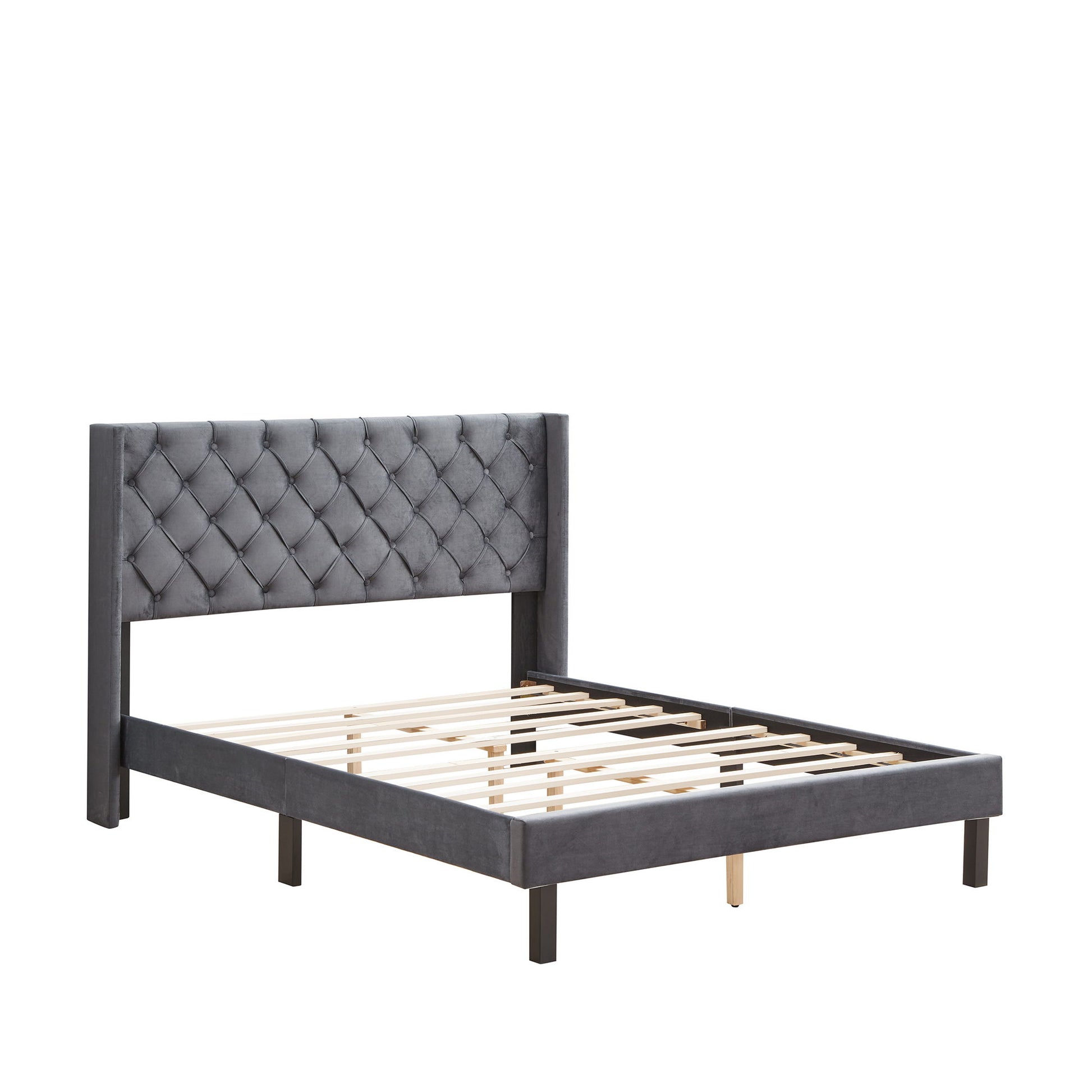 Velvet Button Tufted-Upholstered Bed With Wings Design Strong Wood Slat Support Queen Platform Bed - Gray - The Sleep Loft - Online Mattress Showroom NYC