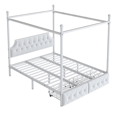 Queen Size Canopy Platform Bed With Upholstered Headboard And 2 Storage Drawers - White - The Sleep Loft - Online Mattress Showroom NYC