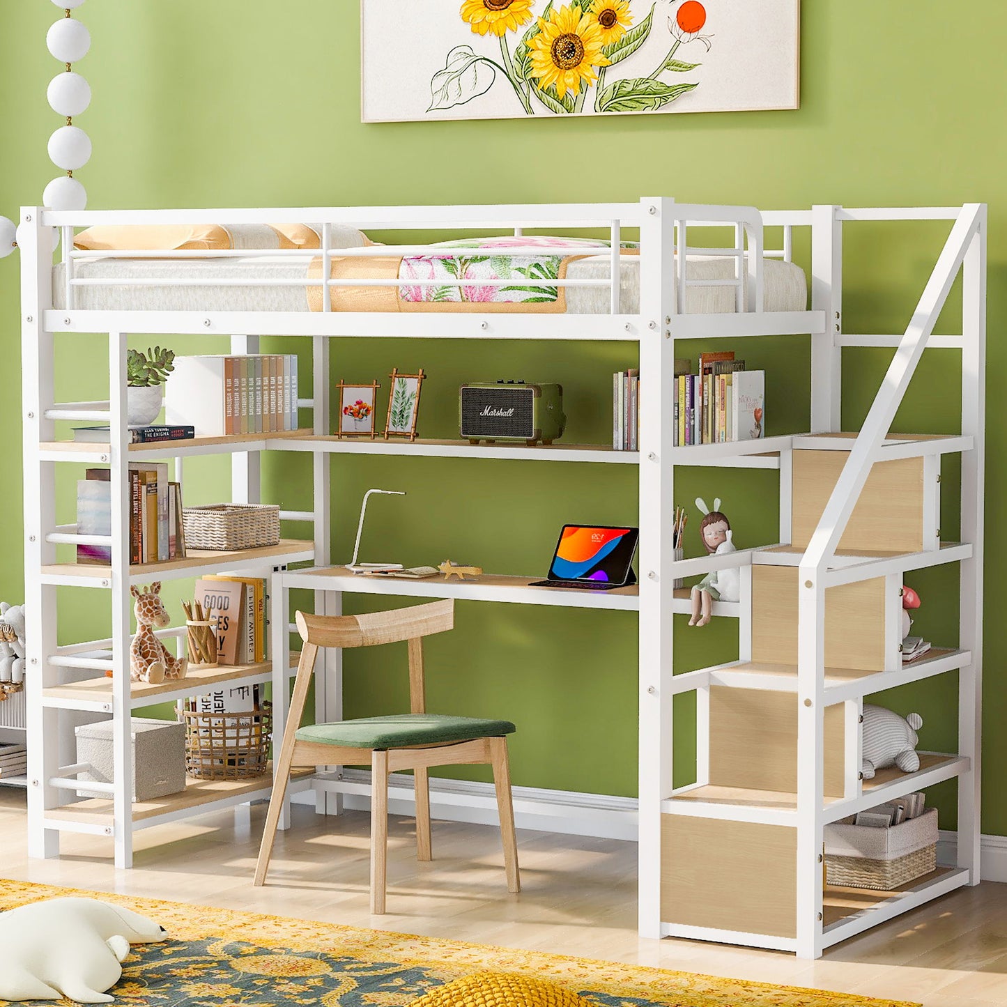 Twin Size Loft Bed With Built In Desk, Staircase Storage & 4 Tier Shelves - White - The Sleep Loft - Online Mattress Showroom NYC