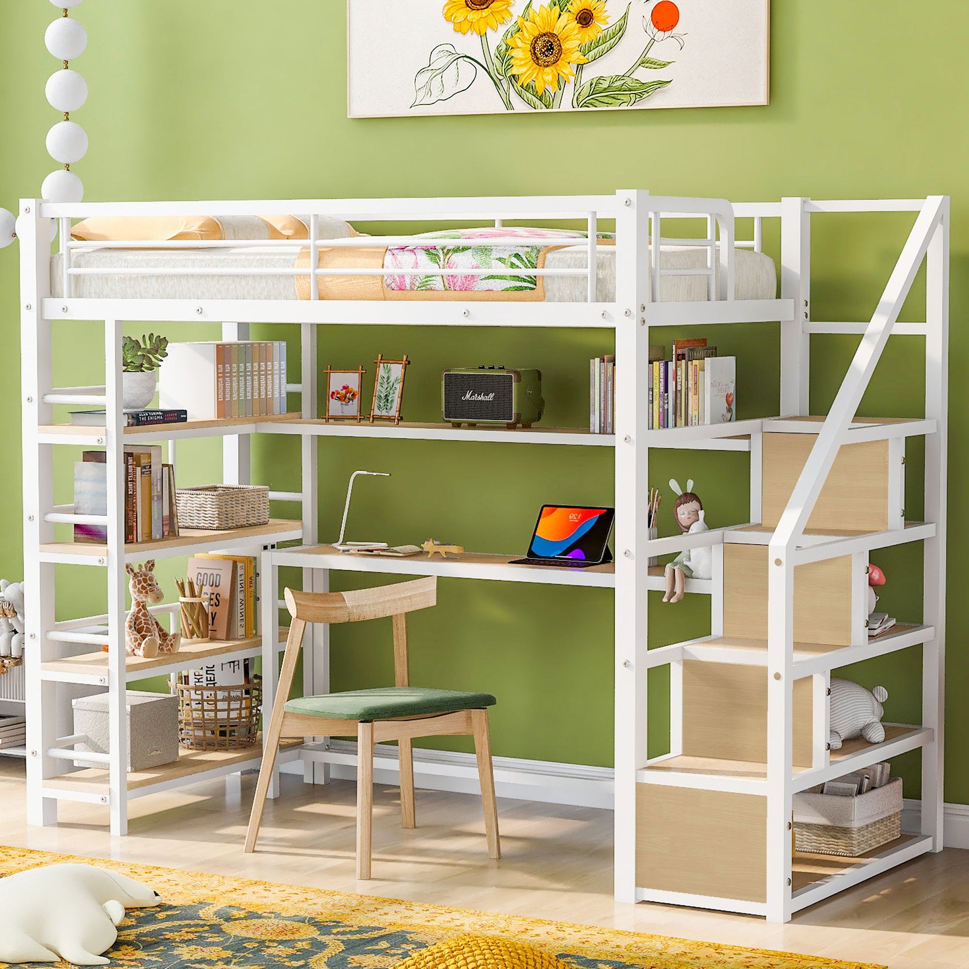 Twin Size Loft Bed With Built In Desk, Staircase Storage & 4 Tier Shelves - White - The Sleep Loft - Online Mattress Showroom NYC